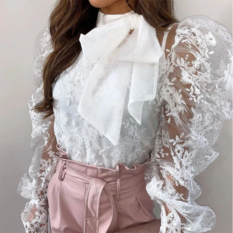 

Women Elegant Lace Tops Puff Long Sheer Sleeve Tops Crochet Blouse Shirts Casual Party Club Sexy Bow Mesh Sheer Casual Blouse