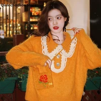 qiukichonson autumn winter women fluffy mink cashmere sweater knitted vintage lace stitching peter pan collar pullover jumpers