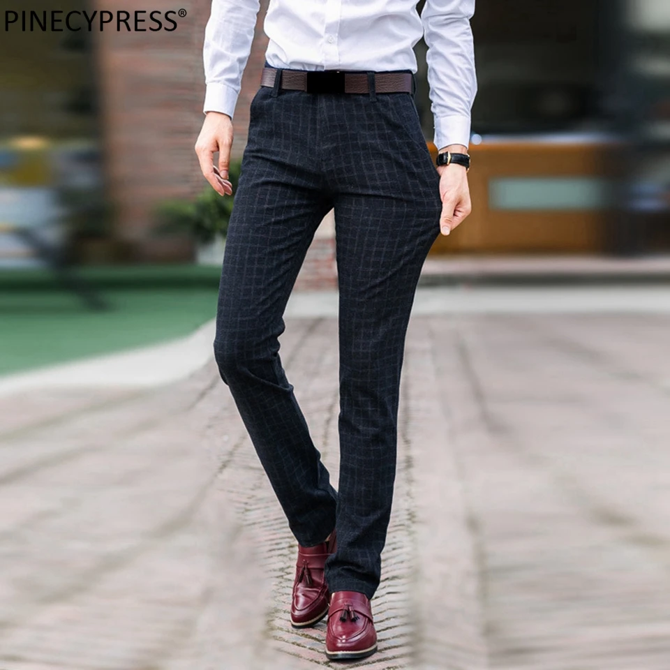 Брюки мужские прямые хлопковые в клетку приталенные деловые штаны на молнии