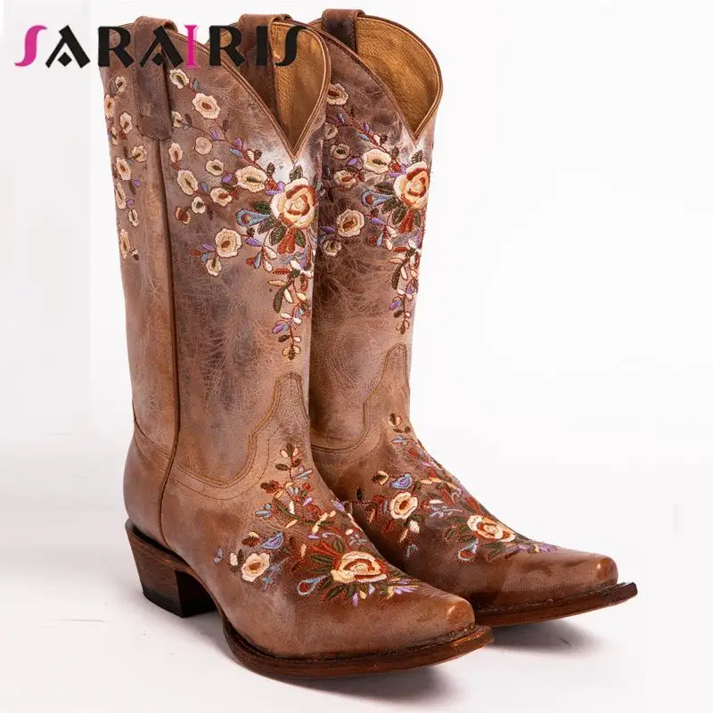 

SaraIris Retro Casual Female Boots Chunky Heel Pointed Toe Slip-On Embroidery Rome New Mid-Calf Winter Comfy Women Boots