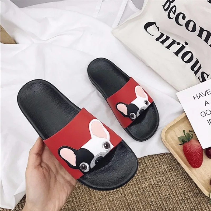 

Slippers Women Summer New Korean Students Cute French Dog Fighting One-word Slippers Thick-sole Casual Slippers Summer Slipper