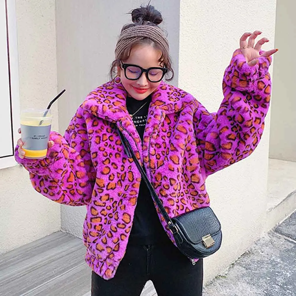 FIRSTTO/2019 пушистое меховое пальто с лацканами разноцветное фиолетовое леопардовое