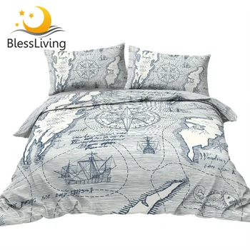BlessLiving Compass Adventure Bedding Set Yacht Nautical Duvet Cover Blue World Map Bedclothes Travel Theme Home Textile 3-Piece 1