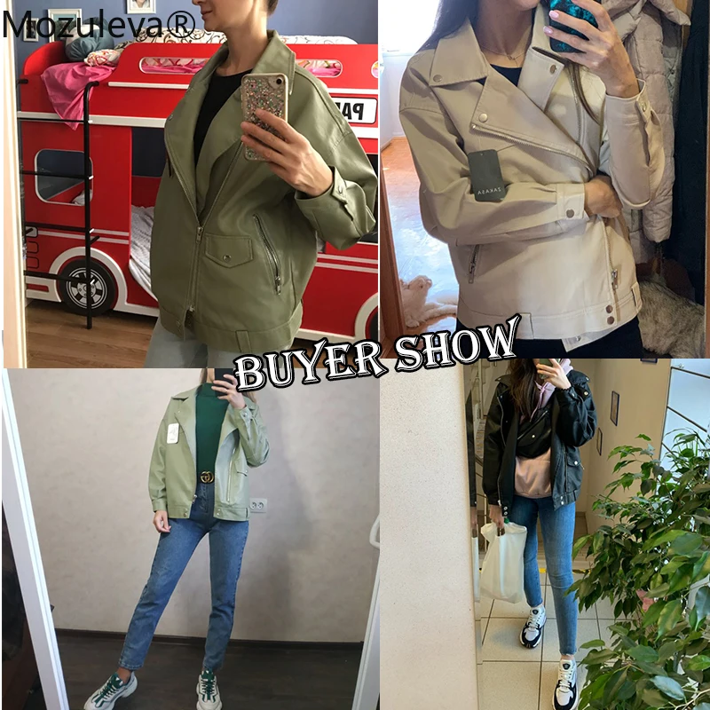 

Mozuleva Autumn Women Faux Leather Jacket Casual Loose Soft Pu Motorcycle Punk Leather Coat Female Zipper Rivet Outerwear