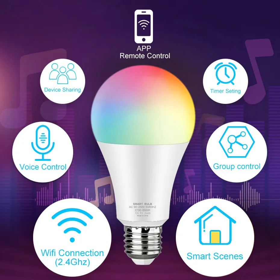 

Tuya WiFi Smart Light Bulb E27 12W 15W RGB Colorful Changing Dimmable Lamp APP Voice Control Work with Amazon Alexa Google Home