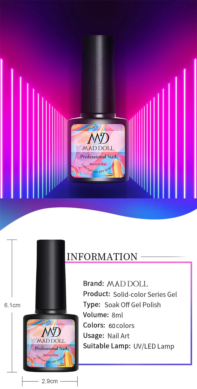 MAD DOLL, 8 мл, Гель-лак для ногтей, красный, синий, фиолетовый, смешанные цвета, отмачивается от УФ-лака, долговечный гель для дизайна ногтей