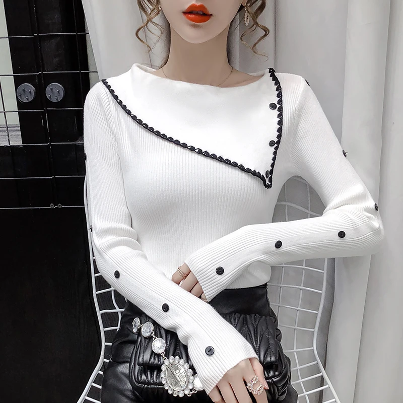 

Buttons Soft Thick Winter Slim Pullovers Sweaters Women knitted Full Sleeve Turn-down Collar Elegant Chic Pullover Sweater