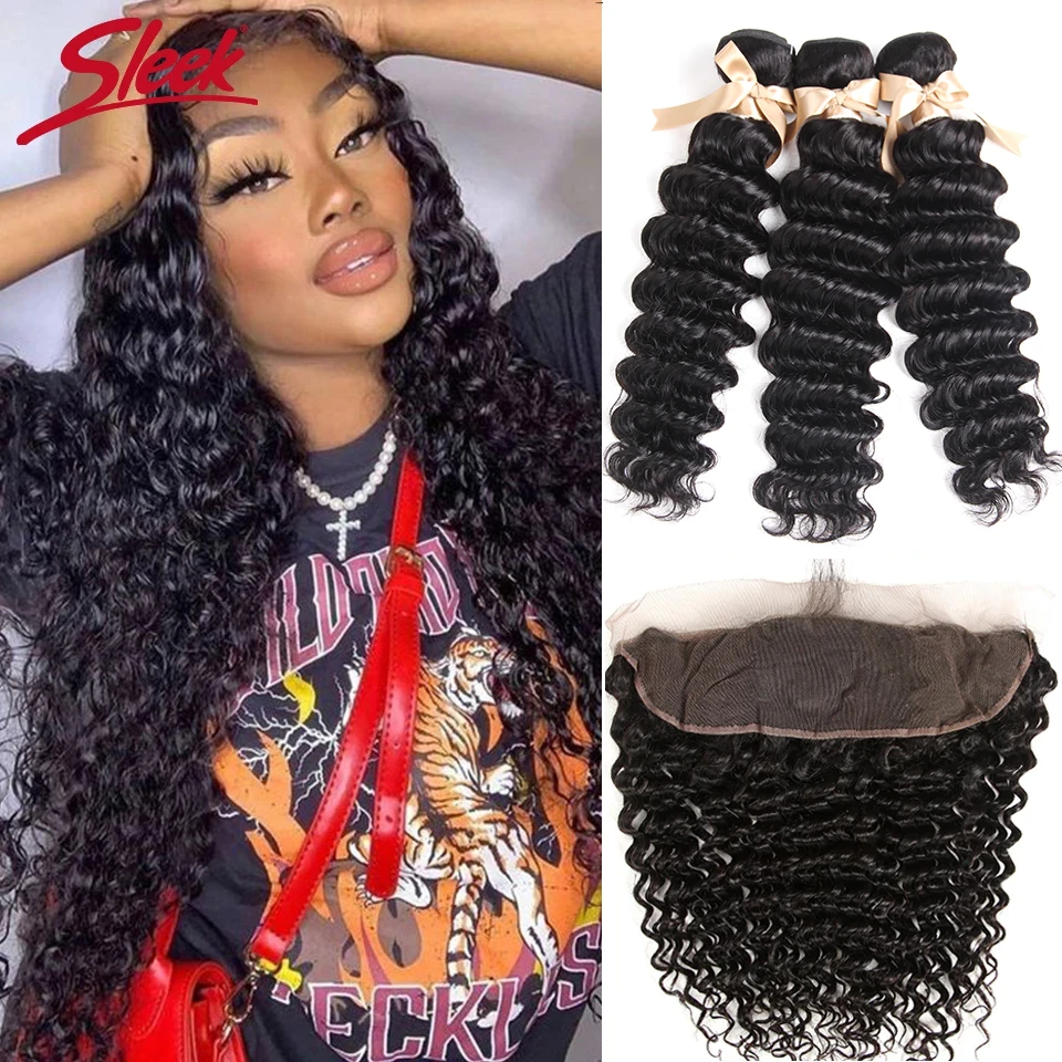 Sleek Brazilian Deep Wave Bundles With Frontal Remy Human Hair Weave 8 To 28 Inches 3 Bundles Deal With Lace Frontal Closure