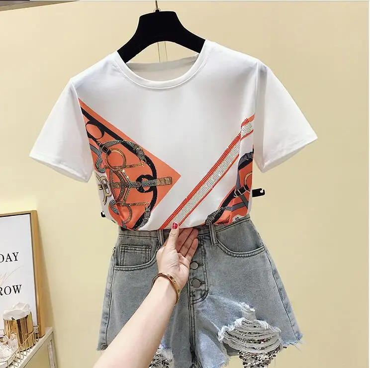 

Plus Size T Shirt for Women 2021 Summer Wear Heavy Industry Hot Drilling Retro Short Sleeve T-shirt Ladies Tops Ropa Mujer
