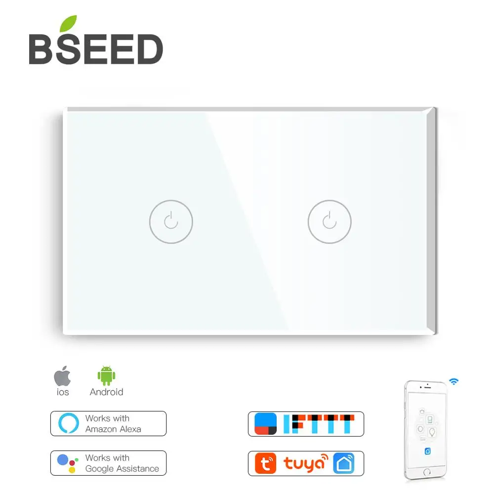BSEED нам Стандартный сенсорный выключатель Wi Fi Управление 2 Gang умный стеклянный