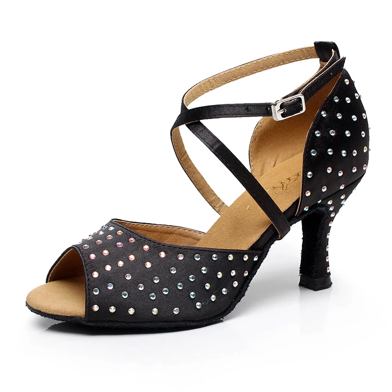 

Ladies Black Silk Rhinestone Ballroom Dance Shoe Women Cross Strap Salsa Bachata Latin Danceing Shoes Party Shoes for Kids Girls
