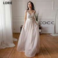 lorie 2021 new wedding dresses beach v neck sleeveless lace appliques with beading boho bridel gowns open back charming dress