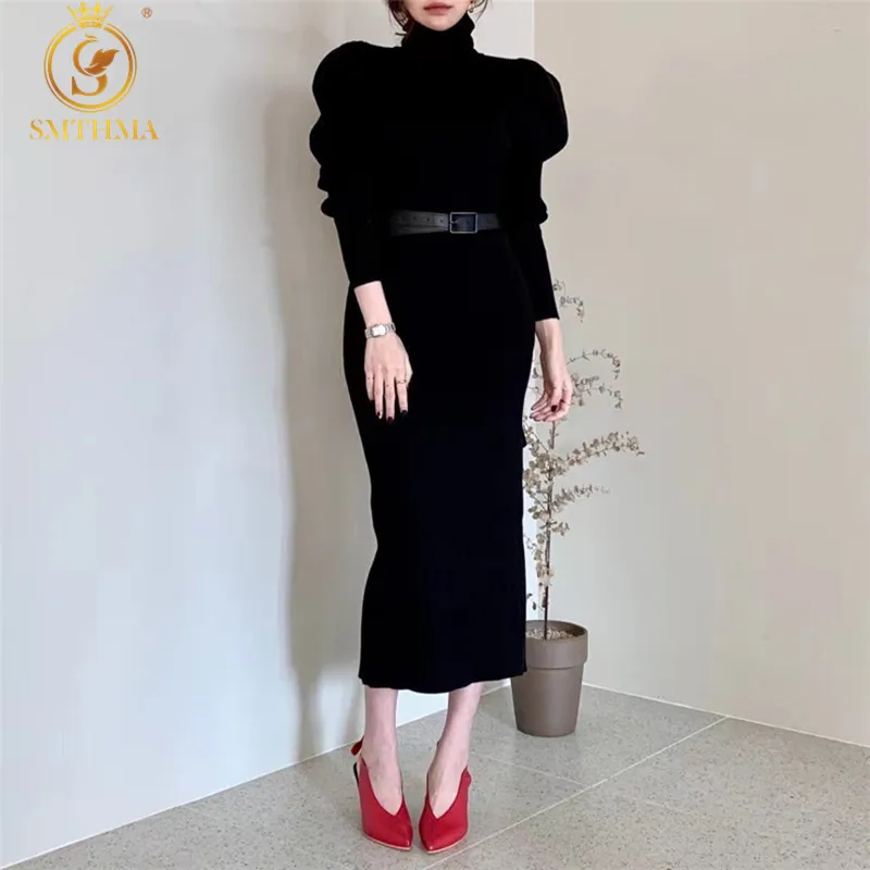 

SMTHMA Solid Knitted Women Autumn Winter Turtleneck Puff Long Sleeve Sweater Dress Lady Sexy Split Casual Vestido Da Festa