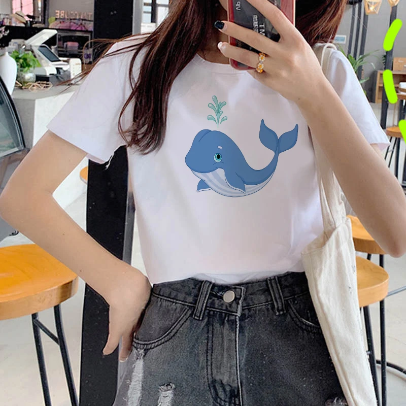 

2021 Tees Women T Shirt Print Cartoon whale t shirt Short Sleeved O Neck Tees Shirt for Girls Tee White T-Shirts Female Clothing