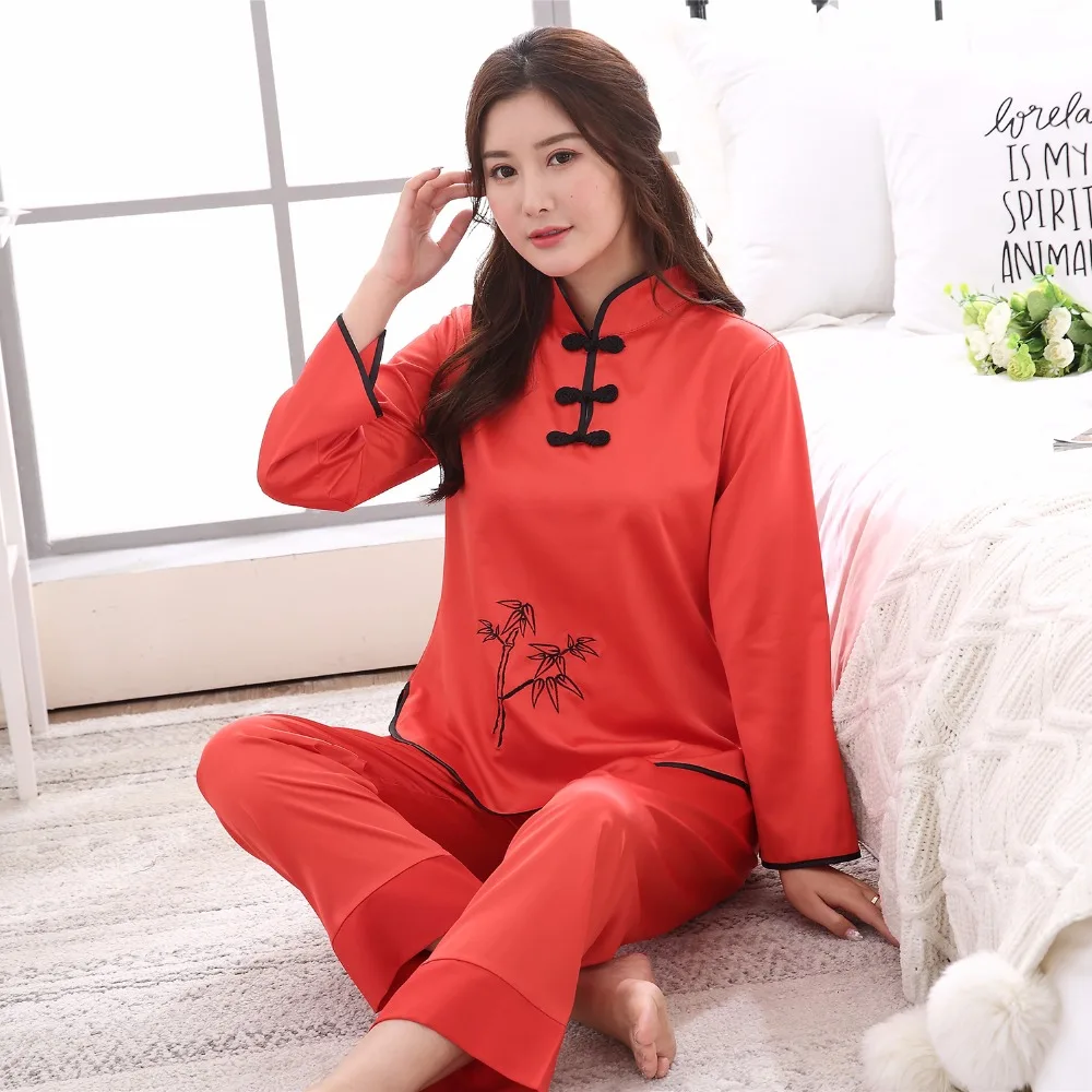 

Red Ladies Satin Loose Pajamas Set Nightwear Chinese Traditional Button Pyjamas Suit 2PCS Shirt&Pant Spring New Sleepwear M-XXL