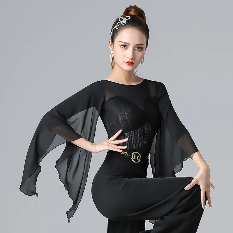 Женский топ для латинских танцев черные рубашки с длинным рукавом сексуальный