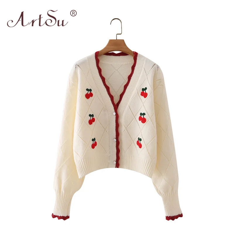 

ArtSu Cherry Pattern Pearl Button Long Sleeve Cardigan Women Casual Loose Autumn Sweater Cardigan Female Vintage White Tops