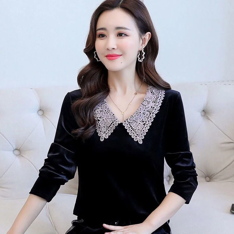French Chic Palace Style Vintage Black Velvet Shirt Women Blouse Long Sleeve Autumn Blusas Mujer De Moda New