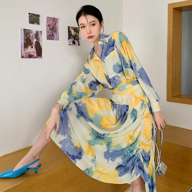 

XIZIHUPAN Casual Print Two Piece Set For Women Lapel Long Sleeve Top High Waist Ruched Side Split Midi Skirt Loose Sets Females