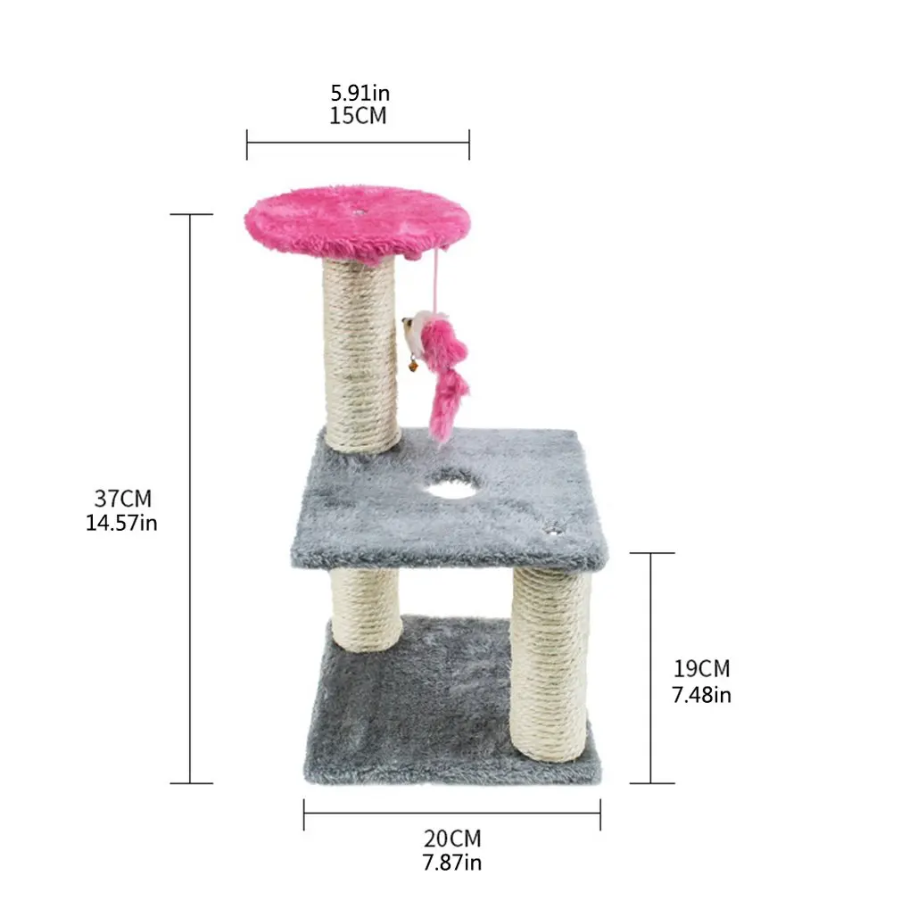 

Three-layer square cat climbing frame Plush base Mouse Fun spring Wood Plush cloth Spring Hemp rope Audible bell
