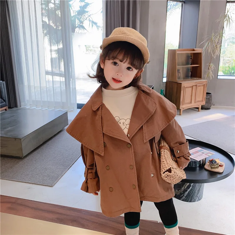 

Spring Autumn Girls Fashion Back Hollow Oversized Trench Jackets 2 Colors Turn-down Collar Double-breasted Coats Kid Coat