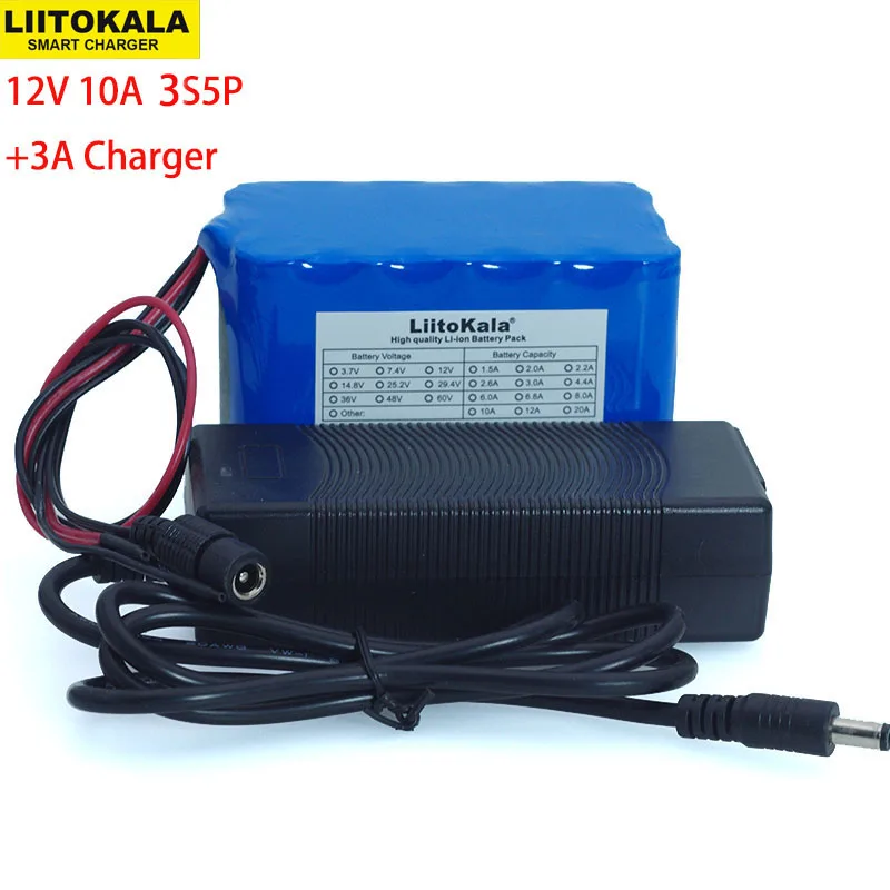 Liitokala большая емкость 12 V 10Ah 18650 литиевая аккумуляторная батарея 12v 10000 mAh защита BMS+ 12,6 v 3A зарядное устройство