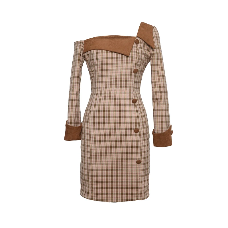 

Foamlina England Style Plaid Print Party Dress Women New Spring Fashion Slash Neck One Shoulder Long Sleeve Mini Bodycon Dress