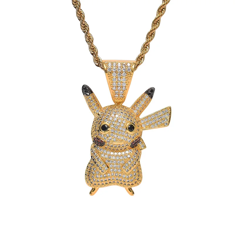 Хип хоп AAA CZ камень Bling Ice Out серебряный цвет мультфильм Пикачу кулоны ожерелья для