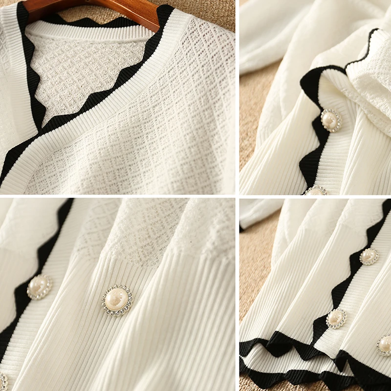 

Vintage V-Neck Hollow Out Knitted Tops Women Summer Thin Half-Sleeve Knitwear T-Shirt Large Size Double Breasted Short Sweater