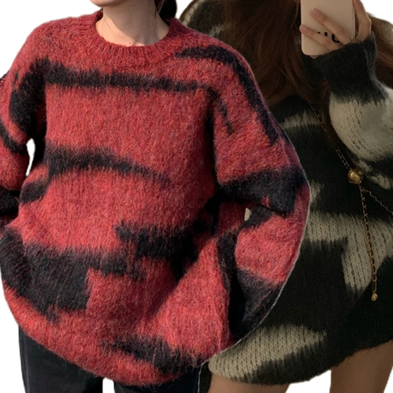 

Women Winter Mohair Long Sleeve Sweater Harajuku Gradient Colorblock Striped Furry Jumper Top Oversized Loose Knitwear