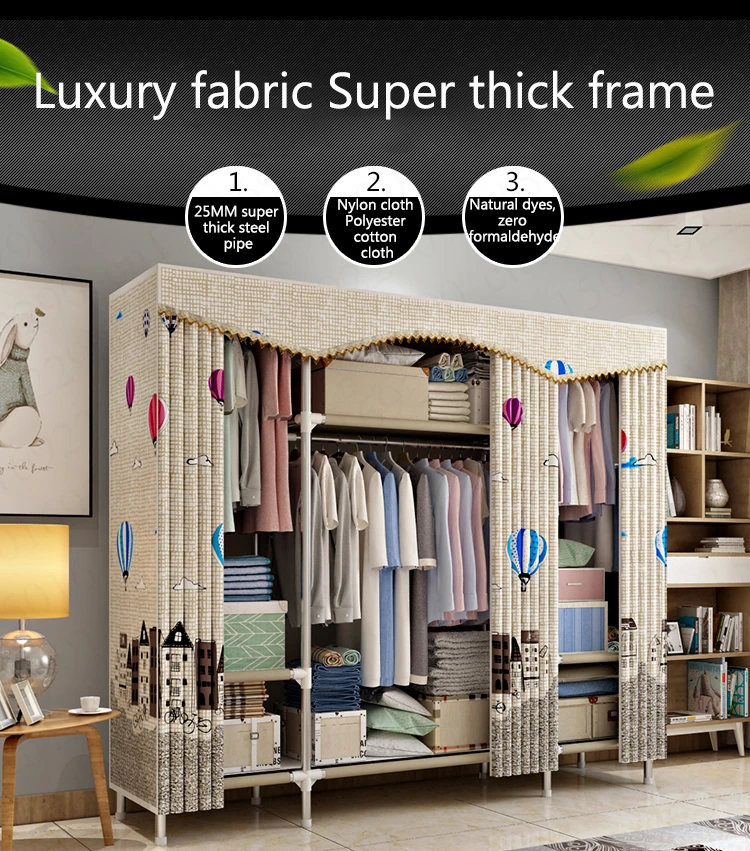 Cloth Wardrobe Steel Pipe Thicken Reinforced Double Cloth Simple Steel Frame Assembly Oxford Locker Hanging Wardrobe