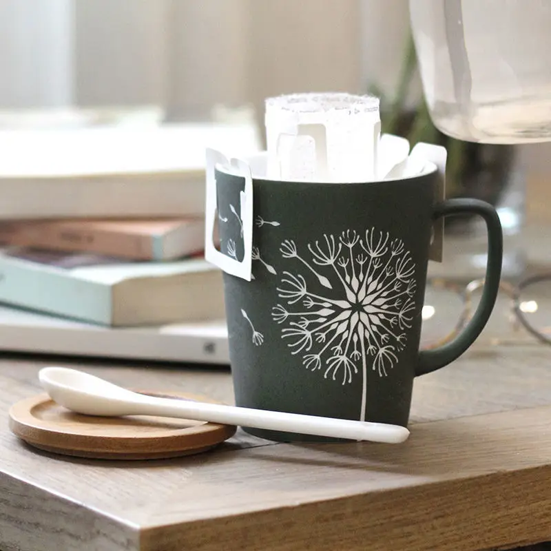 350/520ml Leaf Pattern Ceramic Coffee Mug With Lid Spoon Large Capacity Frosted Water Cup Office Tea Kitchen Utensils | Дом и сад