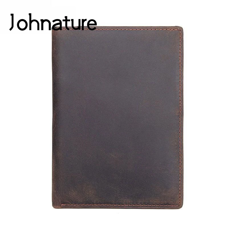 

Johnature Men Wallet Card Holder 2021 New Vintage Crazy Horse Leather Passport Bag Solid Color Multi-function Cowhide Purse