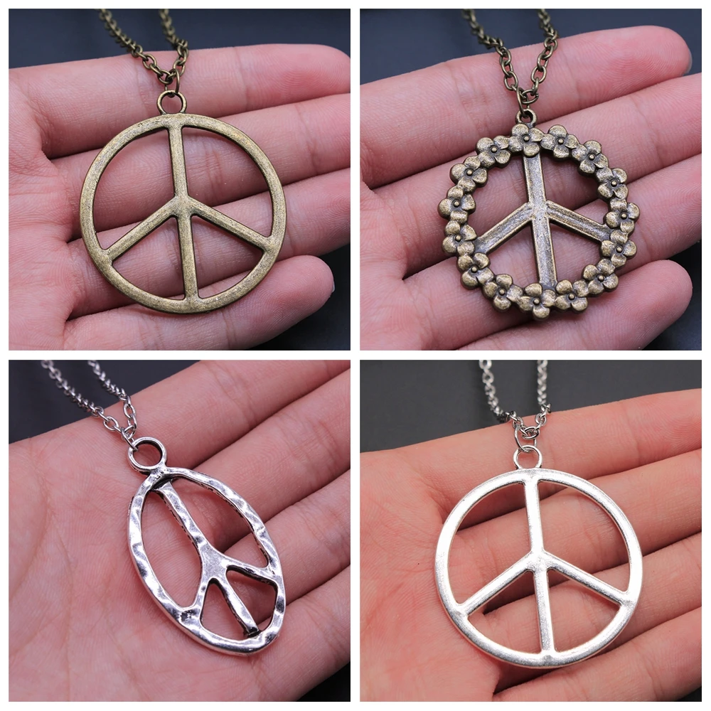 Big Peace Sign Pendant Necklace Simple Vintage Peace Symbol Pendant Necklace Metal Chain Long Chain Necklace