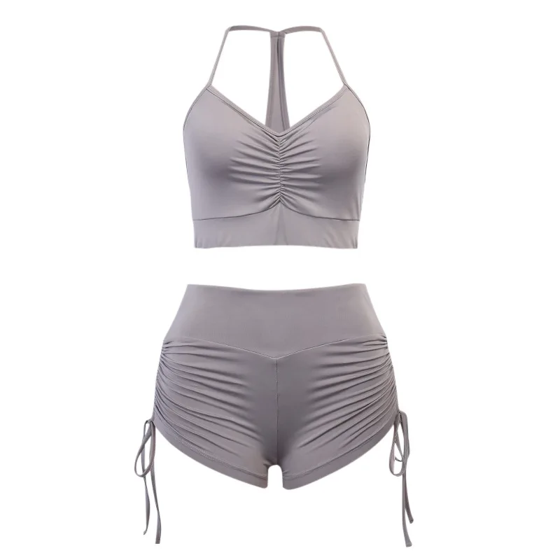 

Casual Women Tracksuit Solid Two Piece Slim Crop Top With Drawstring Side Shorts Sportswear Running Outfit Female Streetwear