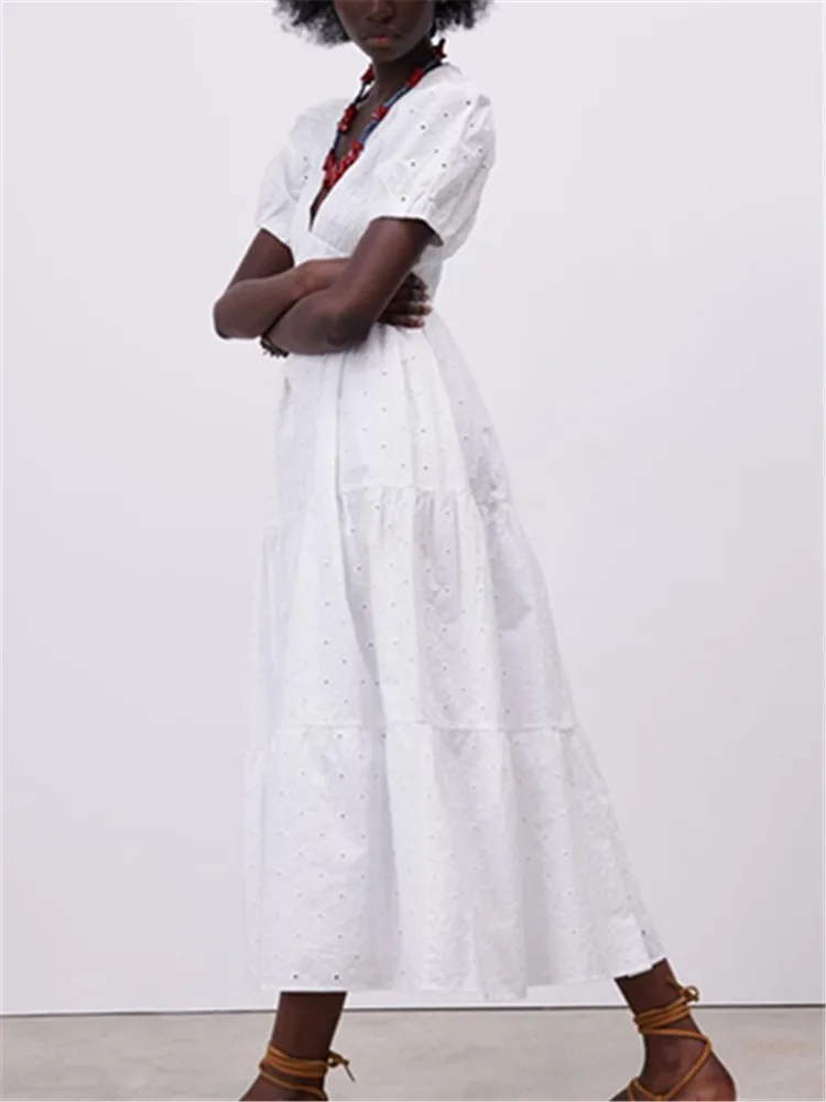 Женское длинное хлопковое платье ZA летнее сказочное с V-образным вырезом и