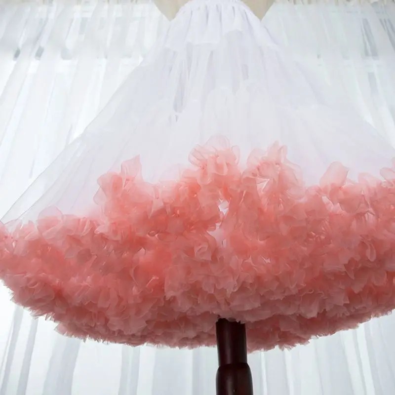 

60cm Women Lolita Candy Cloud Tulle Petticoat Contrast Color Pink Ruffles Puffy Midi Long Tutu Skirt Hoopless Elastic Wa