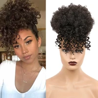 synthetic afro curly bangs adjustable drawstring ponytail with bangs short wrap clip in hair extension on puff hair bun chignon