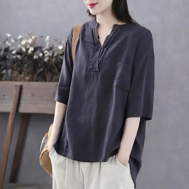 

Cotton Literary Retro Summer New Style Cotton And Linen Shirt Was Thin Cotton And Linen Short-Sleeved T-Shirt Women Loose Casual