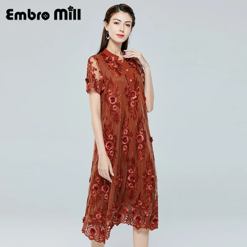 

Summer New High-End Mesh Stereoscopic Embroidery Dress Short Sleeve Medium-Length Loose Dress Plus Size M-4XL