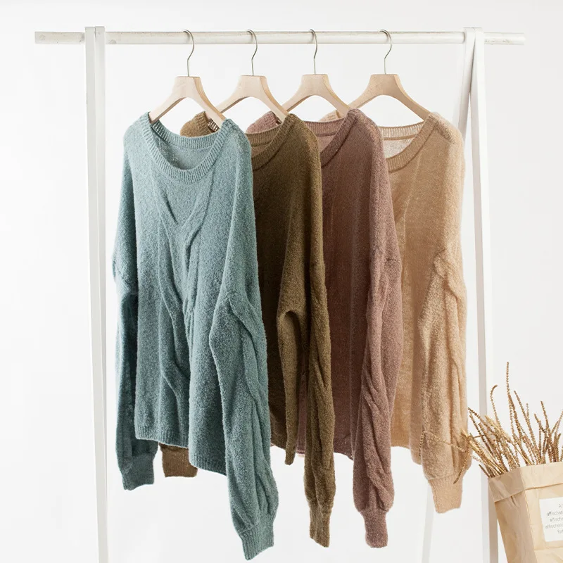 

New Solid Color Women's Sweater Long-sleeve Round Neck Knit Pullover Hollow Twisted Loungewear Feminine Street Fashion Clothing