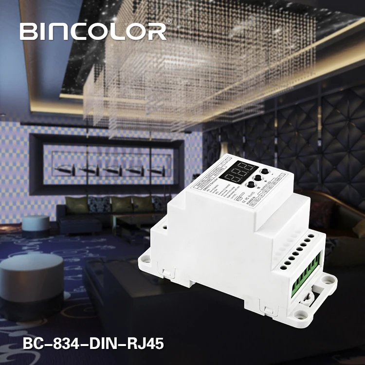 BC-834-DIN-RJ45 DC12-24V input 6A*4CH output DIN Rail 4CH Constant voltage DMX512/1990 Decoder controller for led strip lamp | Освещение