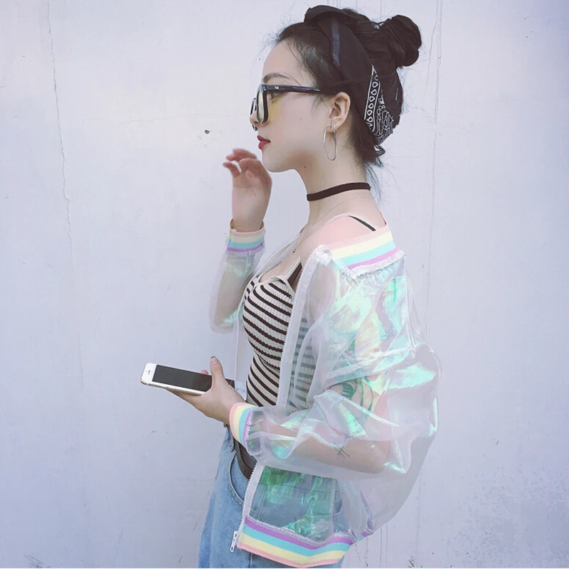 Harajuku Summer Women Jacket Laser Rainbow Symphony Hologram BasicCoat Clear Iridescent Transparent Bomber Sunproof | Женская одежда