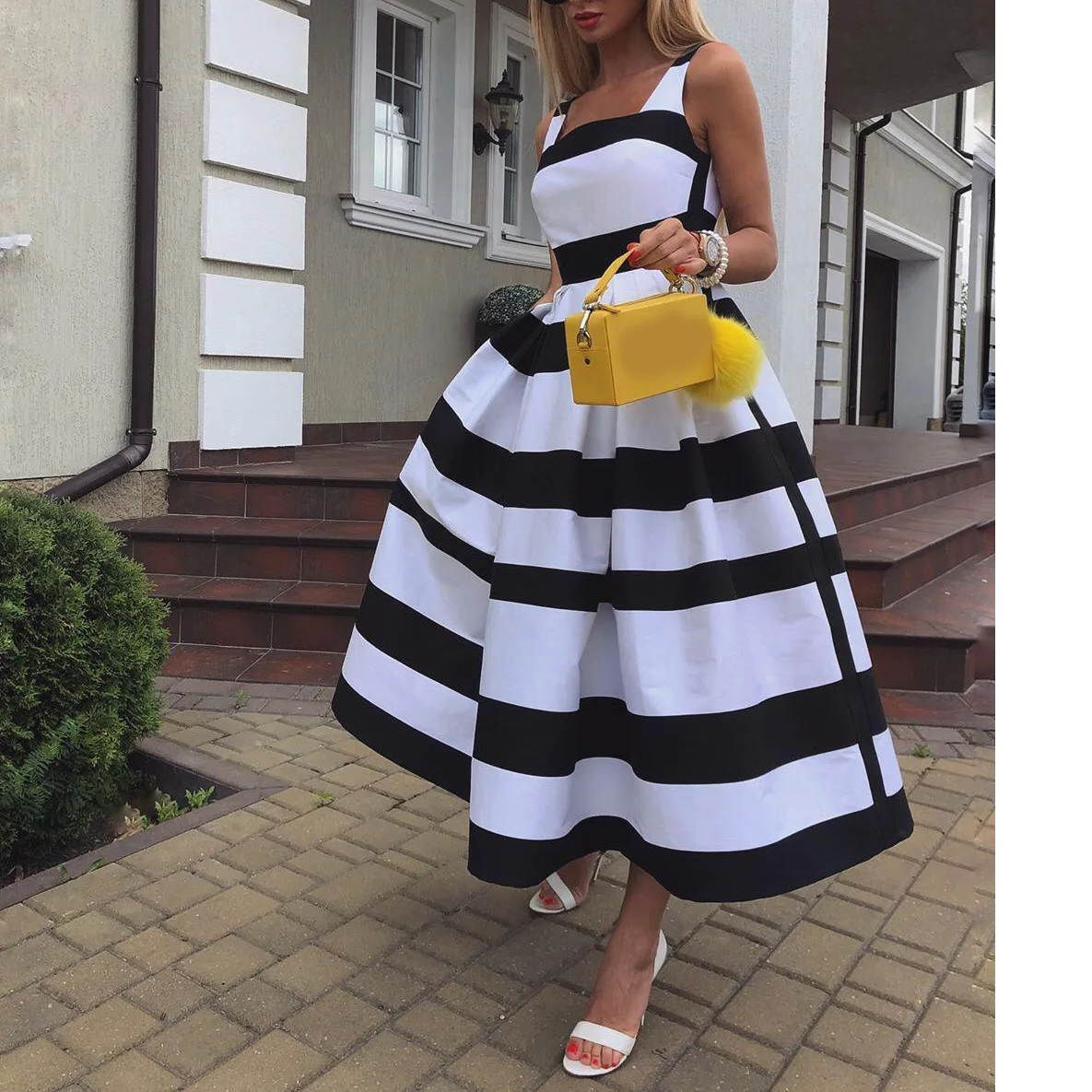 Платье-миди женское в полоску без рукавов ТРАПЕЦИЕВИДНОЕ летнее 2020 | Женская