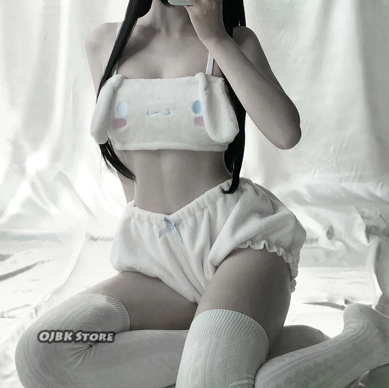 White OJBK, сексуальные костюмы AnimeCosplay, бюстгальтер с длинными ушами и панталоны, розовый и белый, Kwaii, бархатный топ-труба и трусики, комплект для девочек - Цвет: White