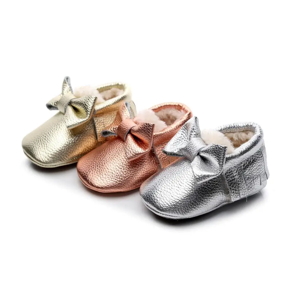 

Genuine Leather Rose Gold Shiny Winter Baby Shoes Thicken Fur Boys Girls Moccasins Big Bow Hard Rubber Sole Prewalker Handmade