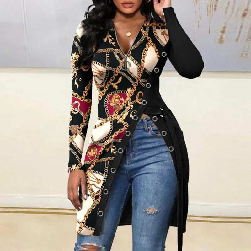 

Chic High Split Printing Blouse Shirt Women Spring Autumn Zipper V-Neck Long Sleeve Patchwork Shirts Ladies Casual Pullover Tops