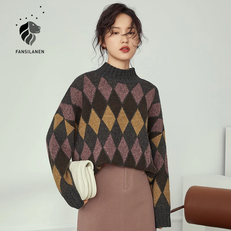 

FANSILANEN Argyle plaid oversized knitted sweater Women casual streetwear loose spring sweater Female long sleeve vintage jumper