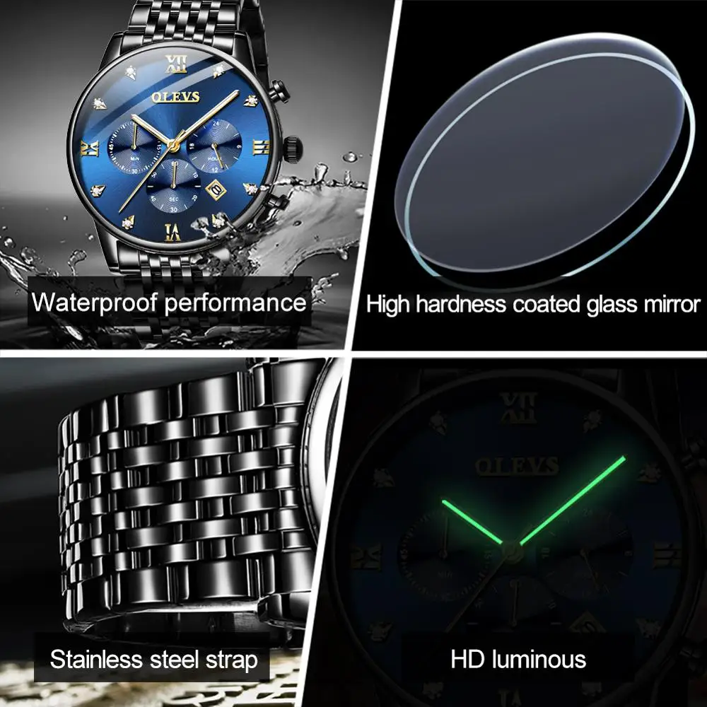 

OLEVS Top Brand Men's Watch Automatic Date Sports Waterproof Luminous Chronograph Fashion Stainless Steel Quartz Watch