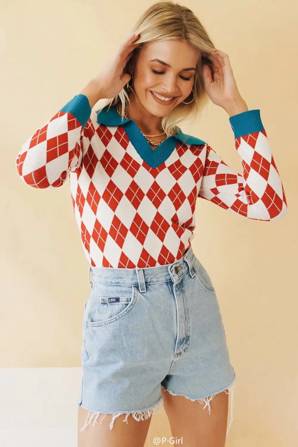 

Women Diamond Lattice Sweater Knitted Pullover Long Sleeve Casual V Neck Winter Autumn Sweaters